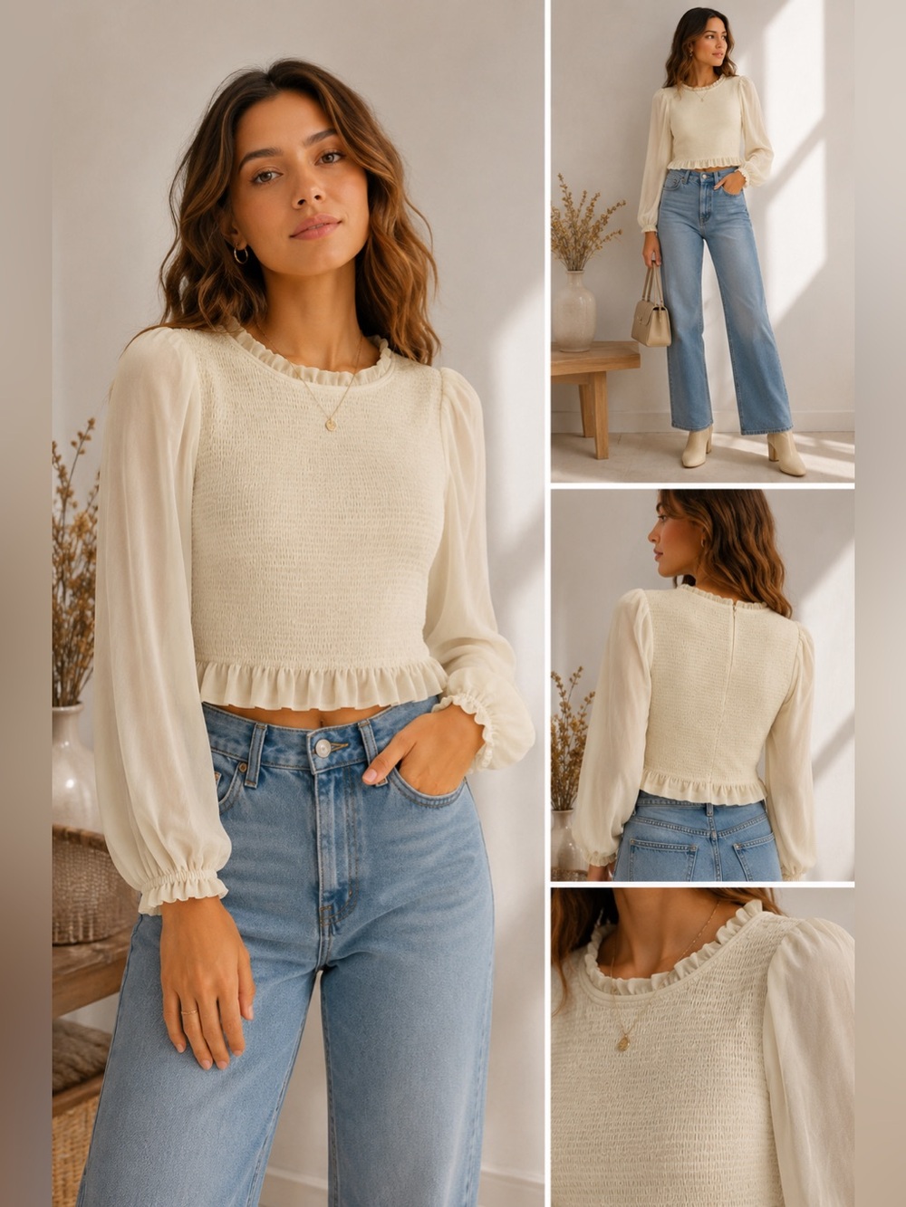 Wilfred Butter Yellow Smocked Ruffle Puff Sleeve Cropped Blouse Small